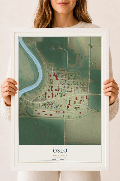 Map of Oslo, Minnesota, 18 x 24 inch print in a white wood frame