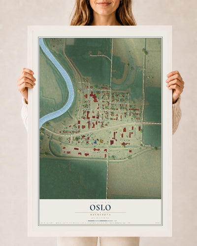 Map of Oslo, Minnesota, 24 x 36 inch print in a white wood frame