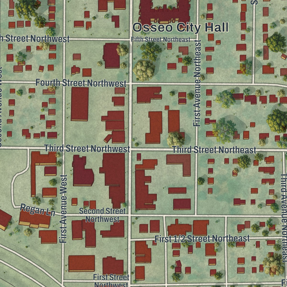 Second close-up of the map of Osseo, Minnesota print showing more streets and buildings