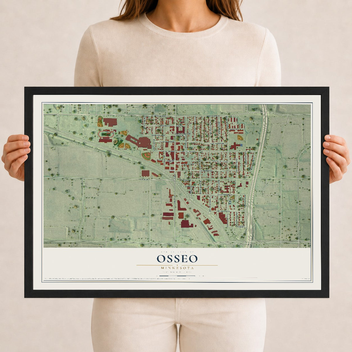 Map of Osseo, Minnesota, 12 x 18 inch print in a black wood frame