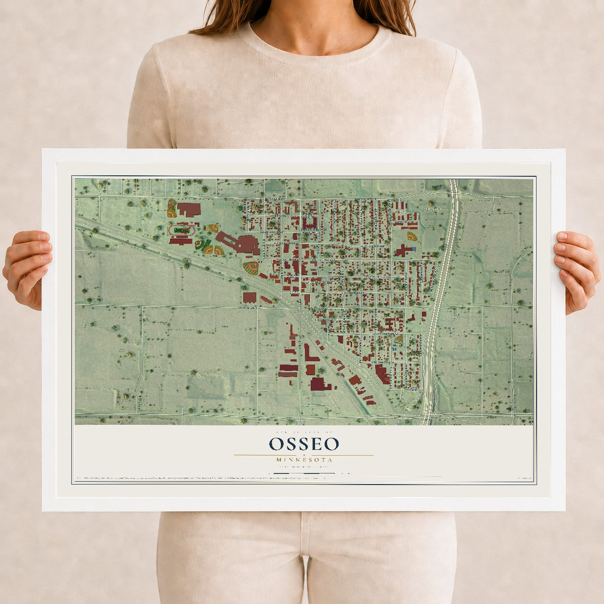 Map of Osseo, Minnesota, 12 x 18 inch print in a white wood frame