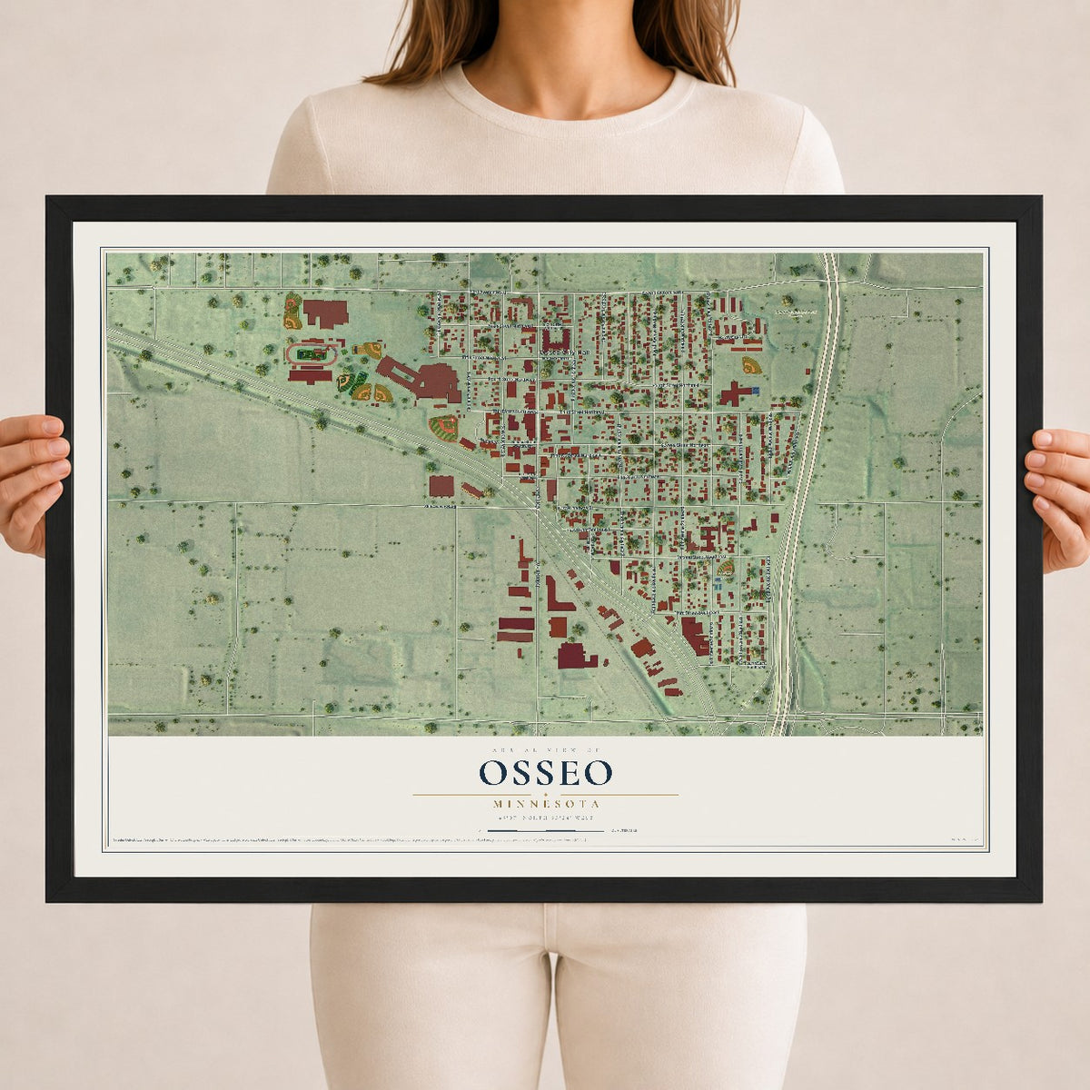 Map of Osseo, Minnesota, 18 x 24 inch print in a black wood frame