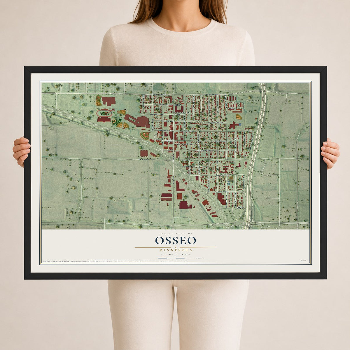 Map of Osseo, Minnesota, 24 x 36 inch print in a black wood frame