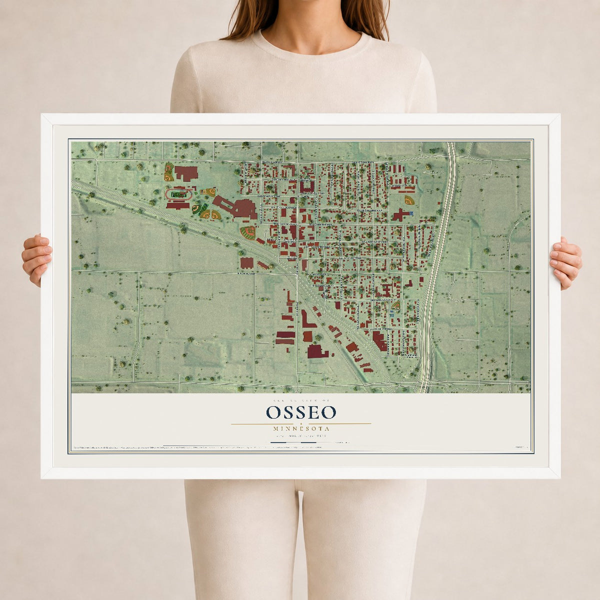 Map of Osseo, Minnesota, 24 x 36 inch print in a white wood frame