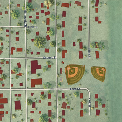 Close-up of the map of Ostrander, Minnesota print showing street and building detail