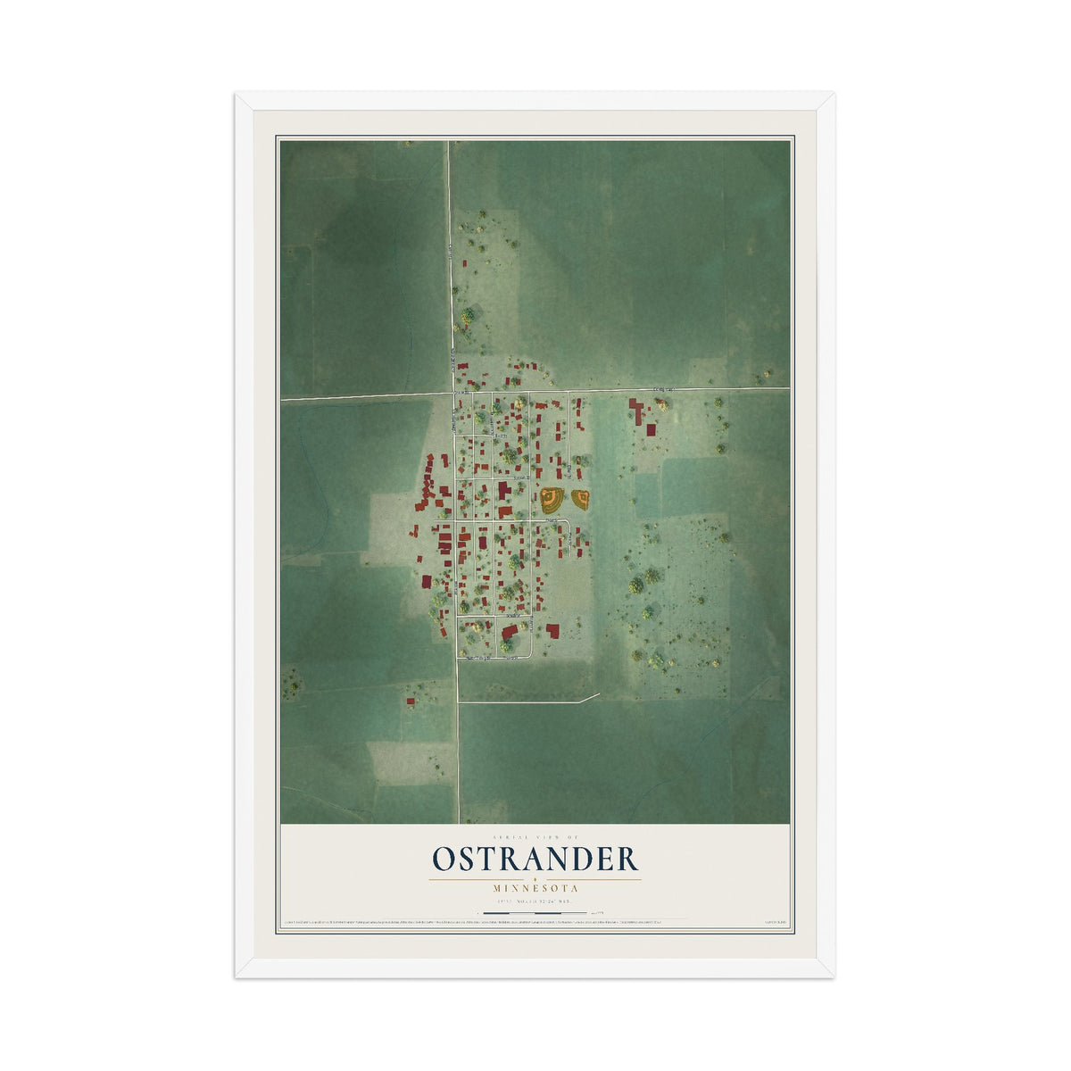 Map of Ostrander, Minnesota, 12 x 18 inch print in a white wood frame