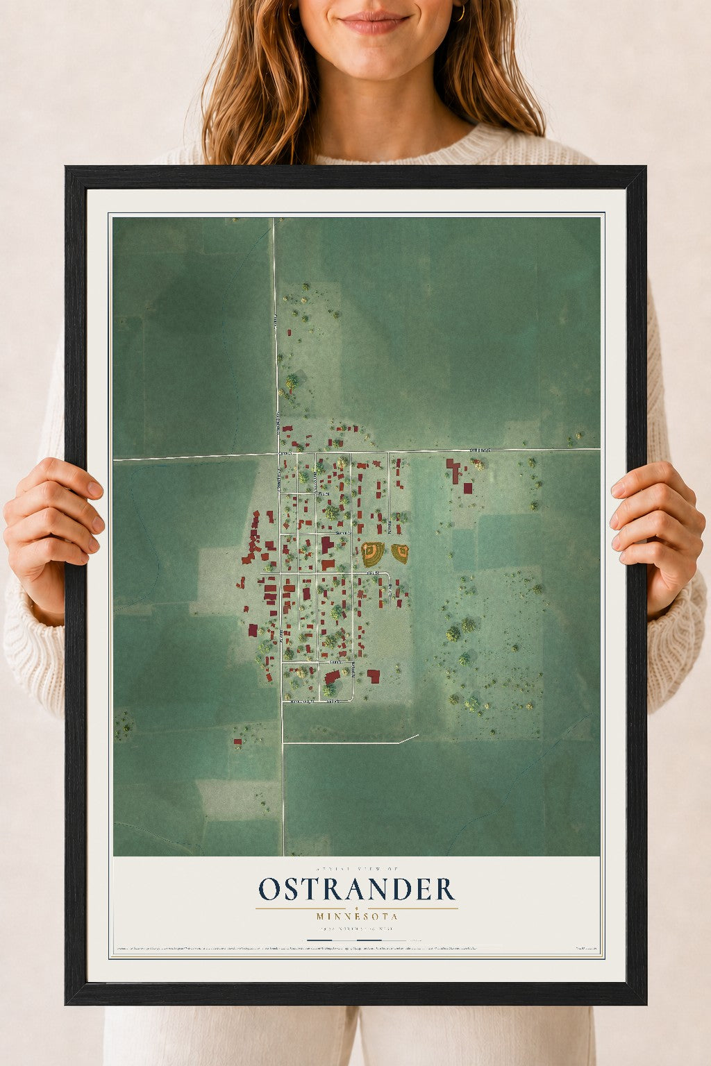 Map of Ostrander, Minnesota, 18 x 24 inch print in a black wood frame