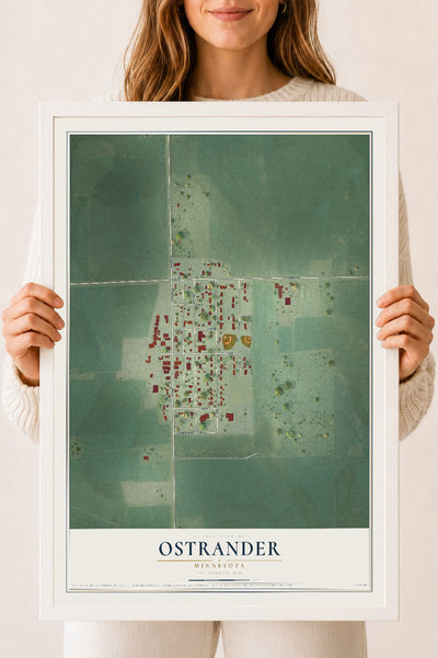 Map of Ostrander, Minnesota, 18 x 24 inch print in a white wood frame