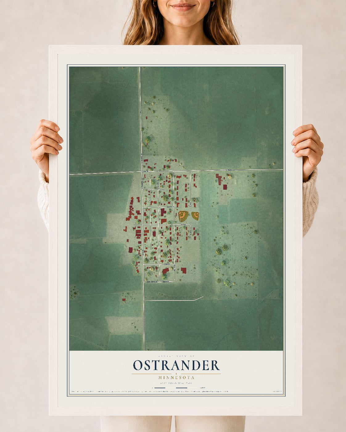 Map of Ostrander, Minnesota, 24 x 36 inch print in a white wood frame