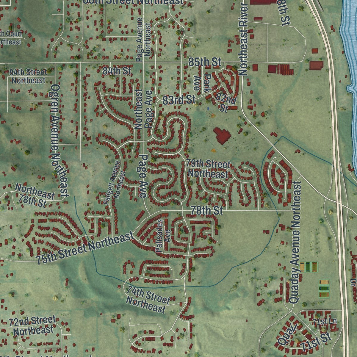 Close-up of the map of Otsego, Minnesota print showing street and building detail