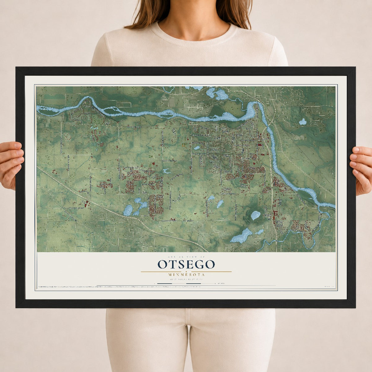 Map of Otsego, Minnesota, 18 x 24 inch print in a black wood frame