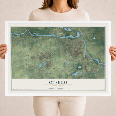 Map of Otsego, Minnesota, 18 x 24 inch print in a white wood frame