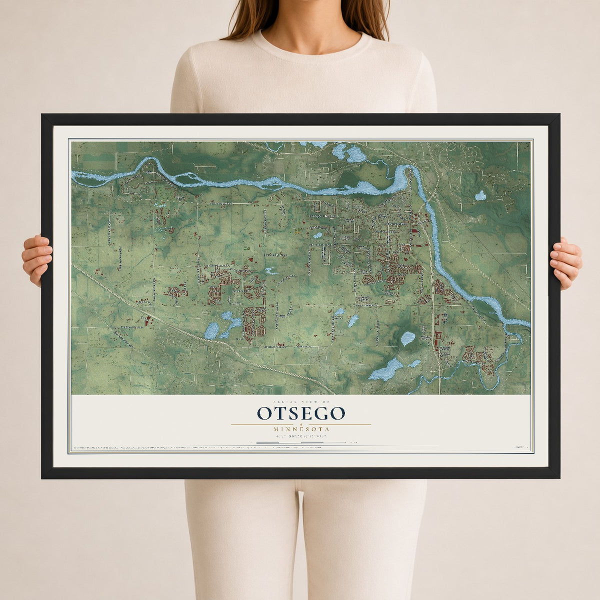 Map of Otsego, Minnesota, 24 x 36 inch print in a black wood frame