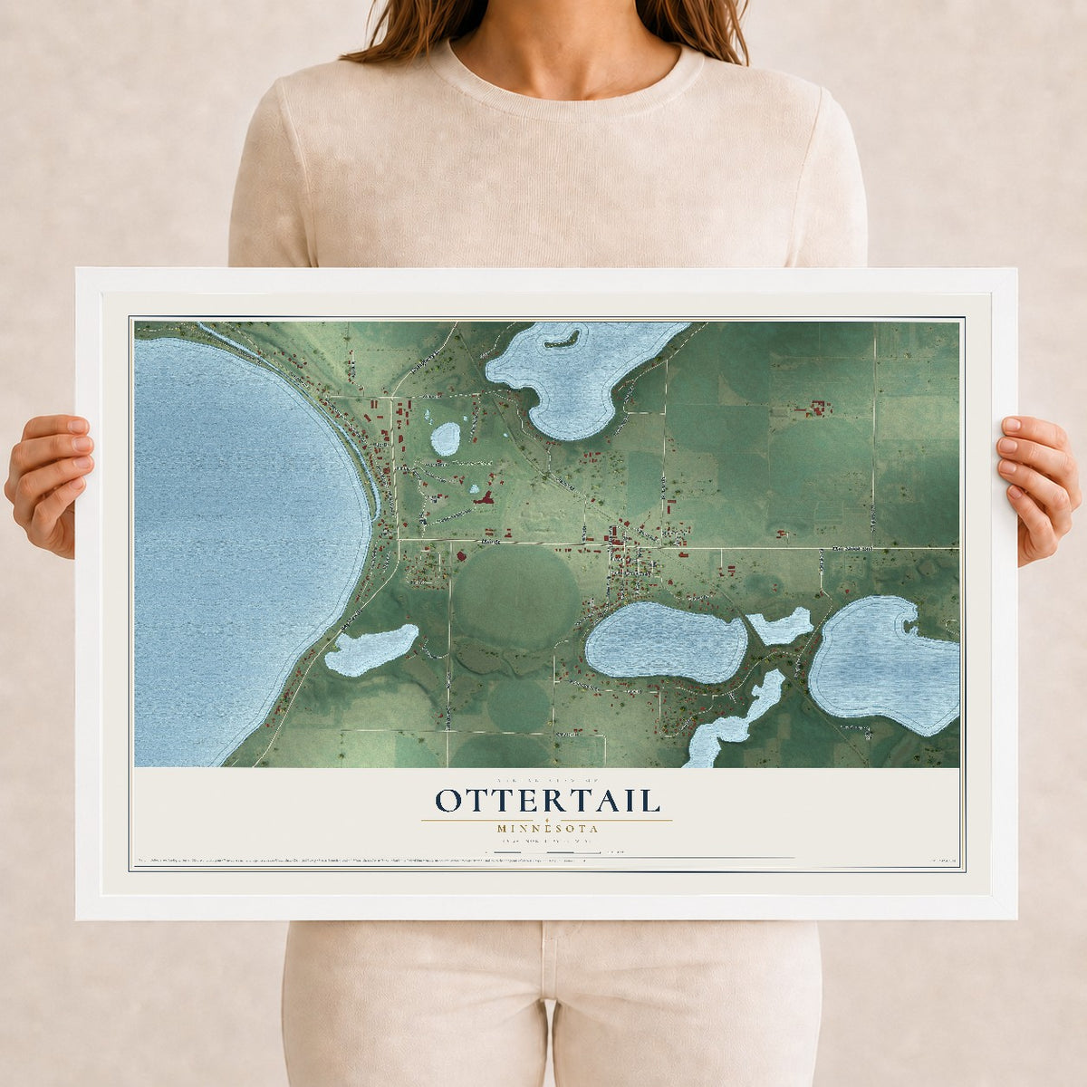 Map of Ottertail, Minnesota, 12 x 18 inch print in a white wood frame