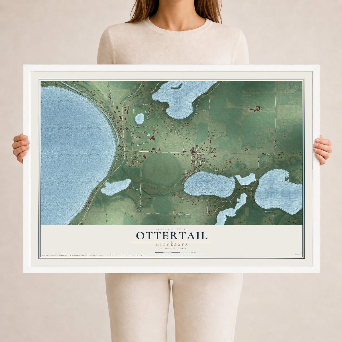 Map of Ottertail, Minnesota, 24 x 36 inch print in a white wood frame