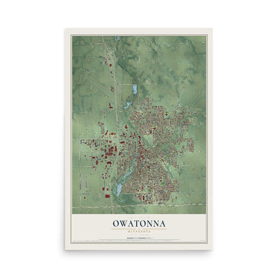Map of Owatonna, Minnesota, 12 x 18 inch unframed archival matte print