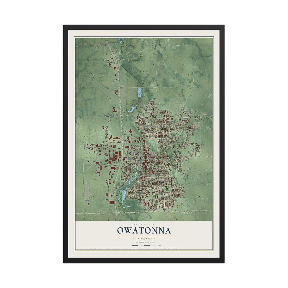 Map of Owatonna, Minnesota, 12 x 18 inch print in a black wood frame