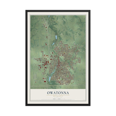 Map of Owatonna, Minnesota, 12 x 18 inch print in a black wood frame