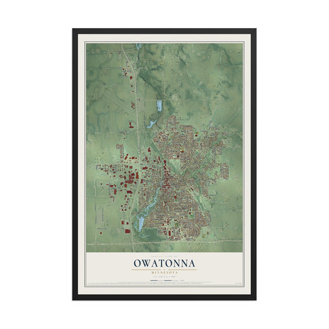 Map of Owatonna, Minnesota, 12 x 18 inch print in a black wood frame