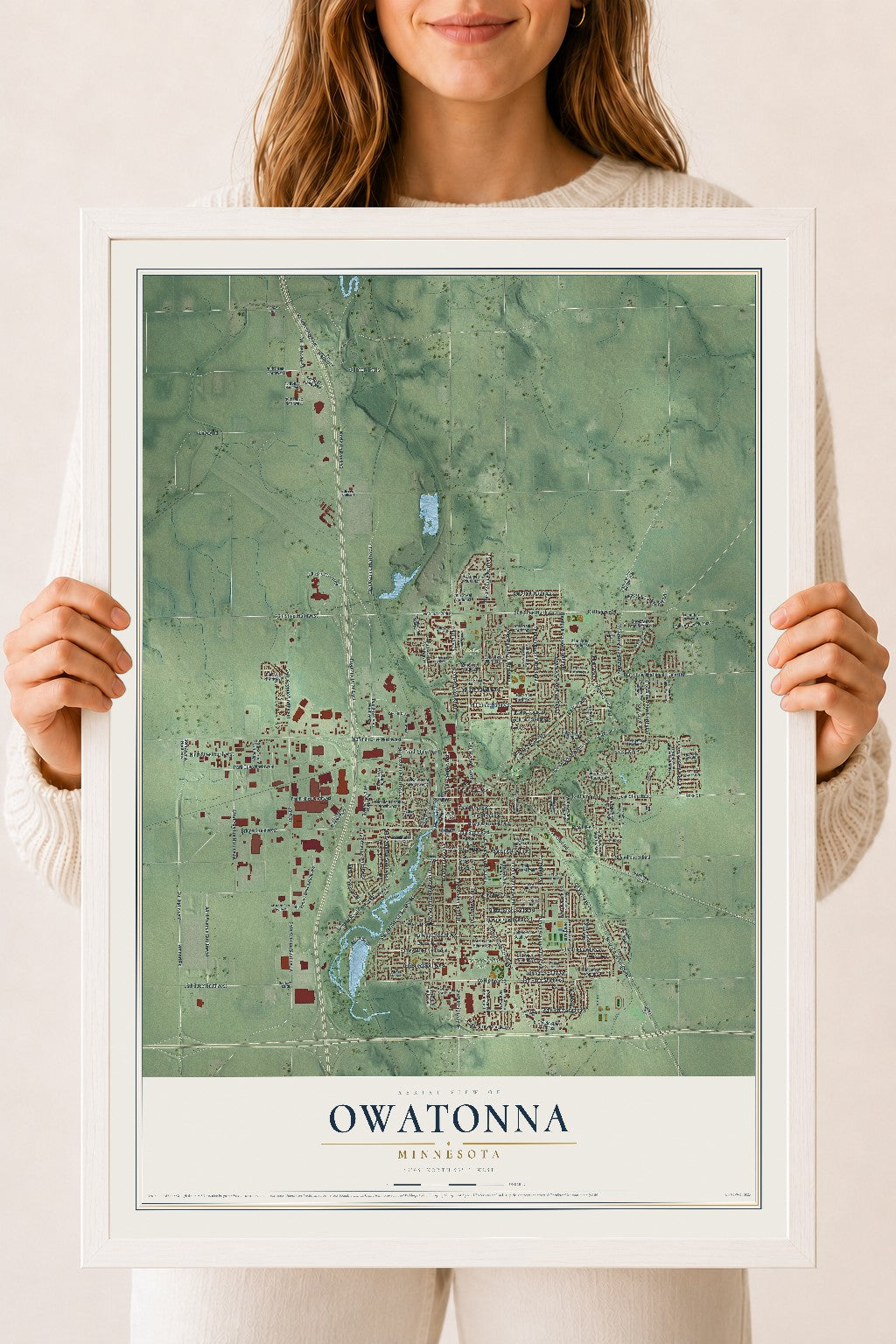 Map of Owatonna, Minnesota, 18 x 24 inch print in a white wood frame