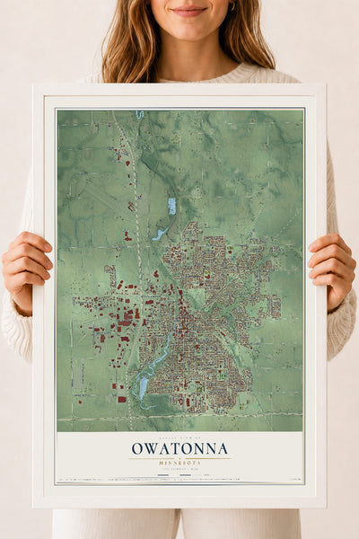 Map of Owatonna, Minnesota, 18 x 24 inch print in a white wood frame
