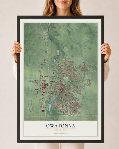 Map of Owatonna, Minnesota, 24 x 36 inch print in a black wood frame