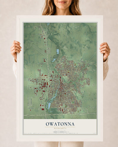 Map of Owatonna, Minnesota, 24 x 36 inch print in a white wood frame