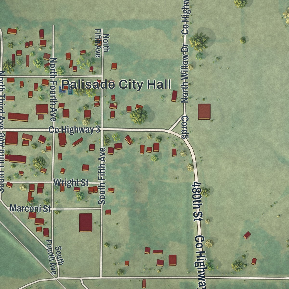Close-up of the map of Palisade, Minnesota print showing street and building detail