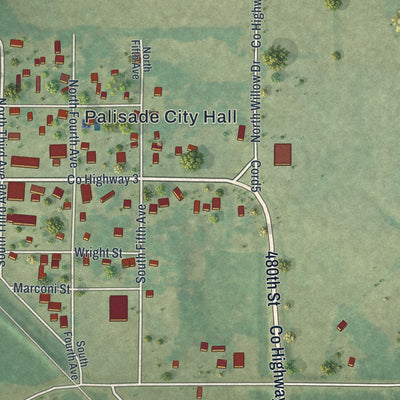 Close-up of the map of Palisade, Minnesota print showing street and building detail