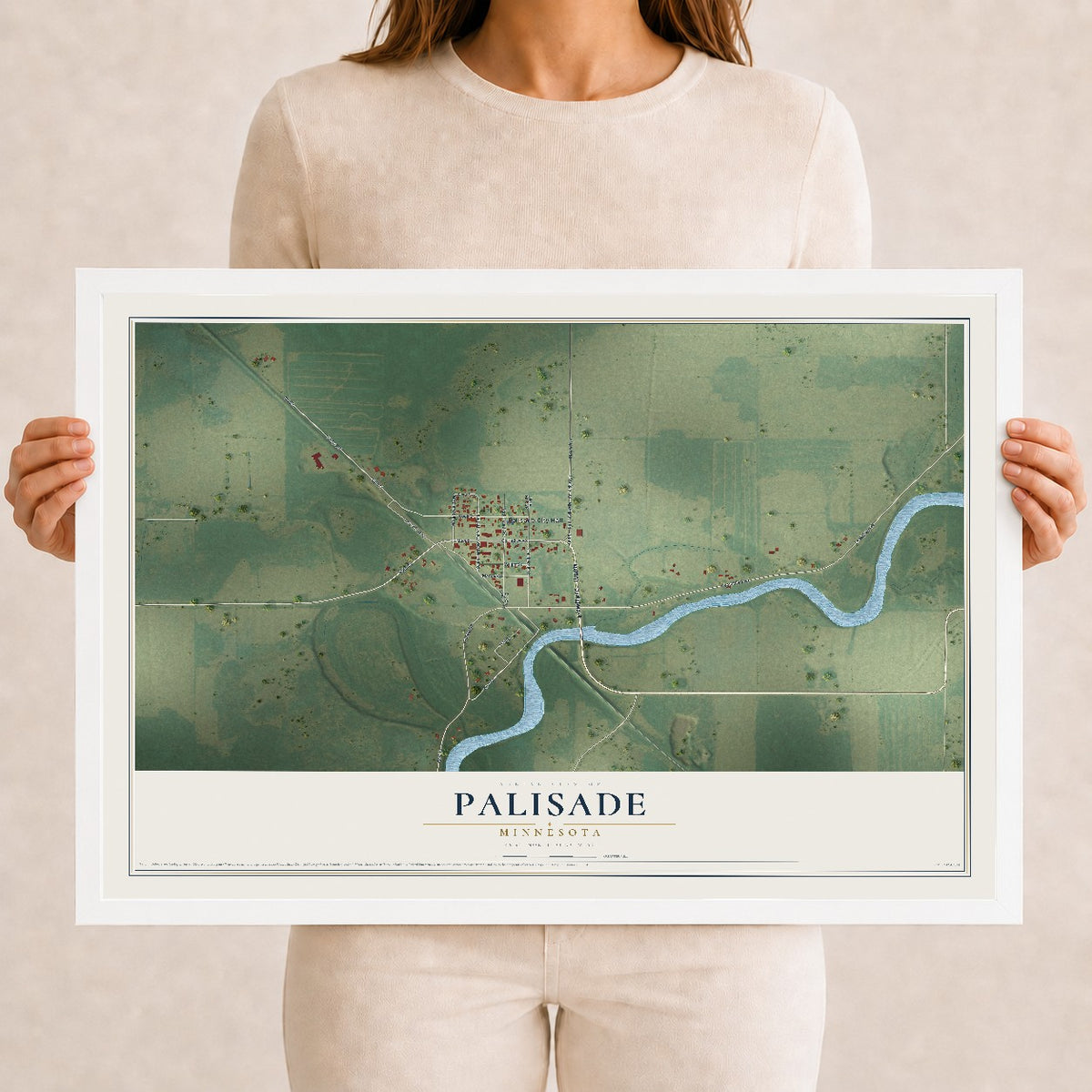 Map of Palisade, Minnesota, 12 x 18 inch print in a white wood frame