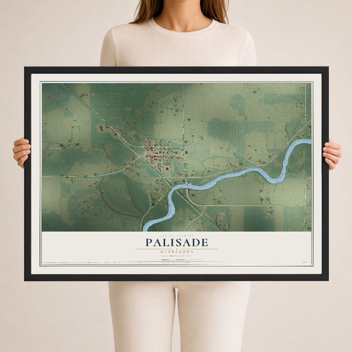 Map of Palisade, Minnesota, 24 x 36 inch print in a black wood frame