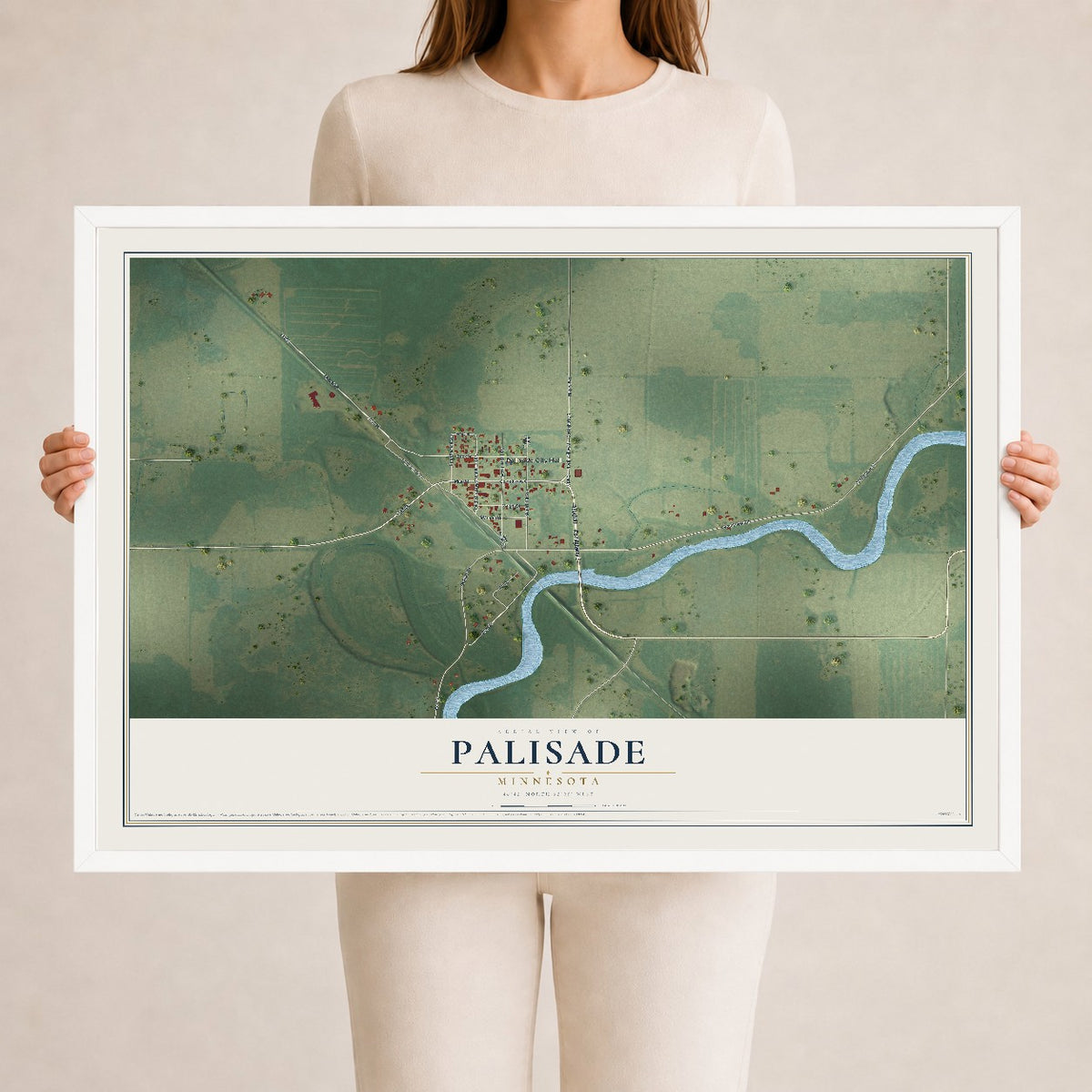 Map of Palisade, Minnesota, 24 x 36 inch print in a white wood frame