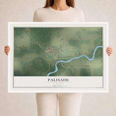 Map of Palisade, Minnesota, 24 x 36 inch print in a white wood frame