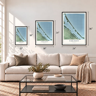 Park Point, Minnesota map in 12 x 18, 18 x 24 and 24 x 36 inch sizes above a sofa