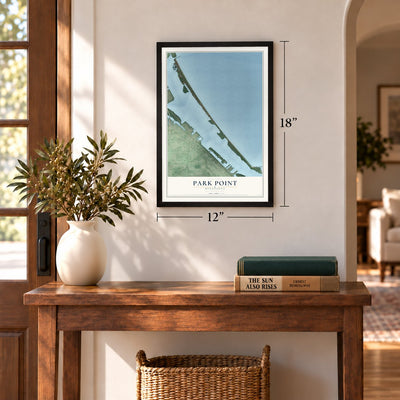 Park Point, Minnesota map, 12 x 18 inch print in a black frame in an entryway
