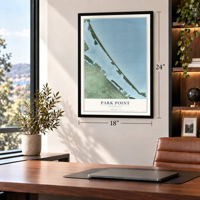 Park Point, Minnesota map, 18 x 24 inch print in a black frame in a home office