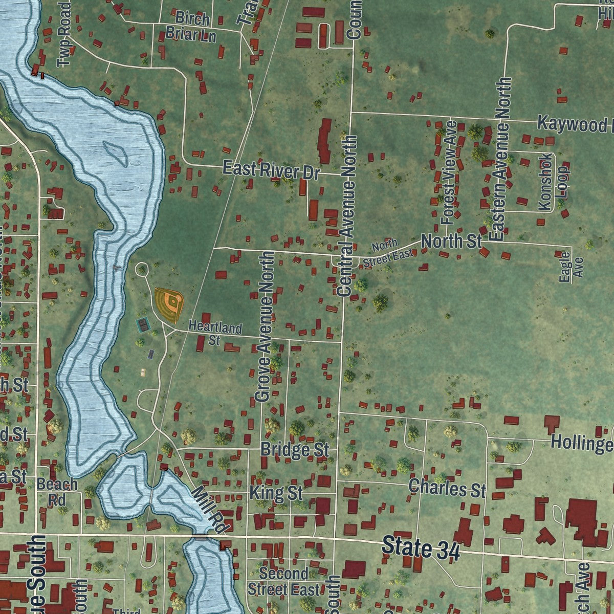 Second close-up of the map of Park Rapids, Minnesota print showing more streets and buildings