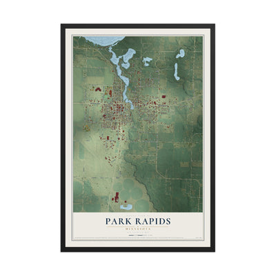 Map of Park Rapids, Minnesota, 12 x 18 inch print in a black wood frame