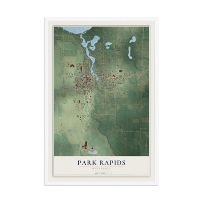 Map of Park Rapids, Minnesota, 12 x 18 inch print in a white wood frame