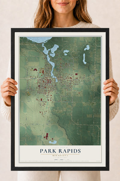 Map of Park Rapids, Minnesota, 18 x 24 inch print in a black wood frame