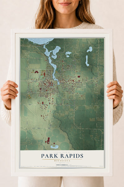 Map of Park Rapids, Minnesota, 18 x 24 inch print in a white wood frame