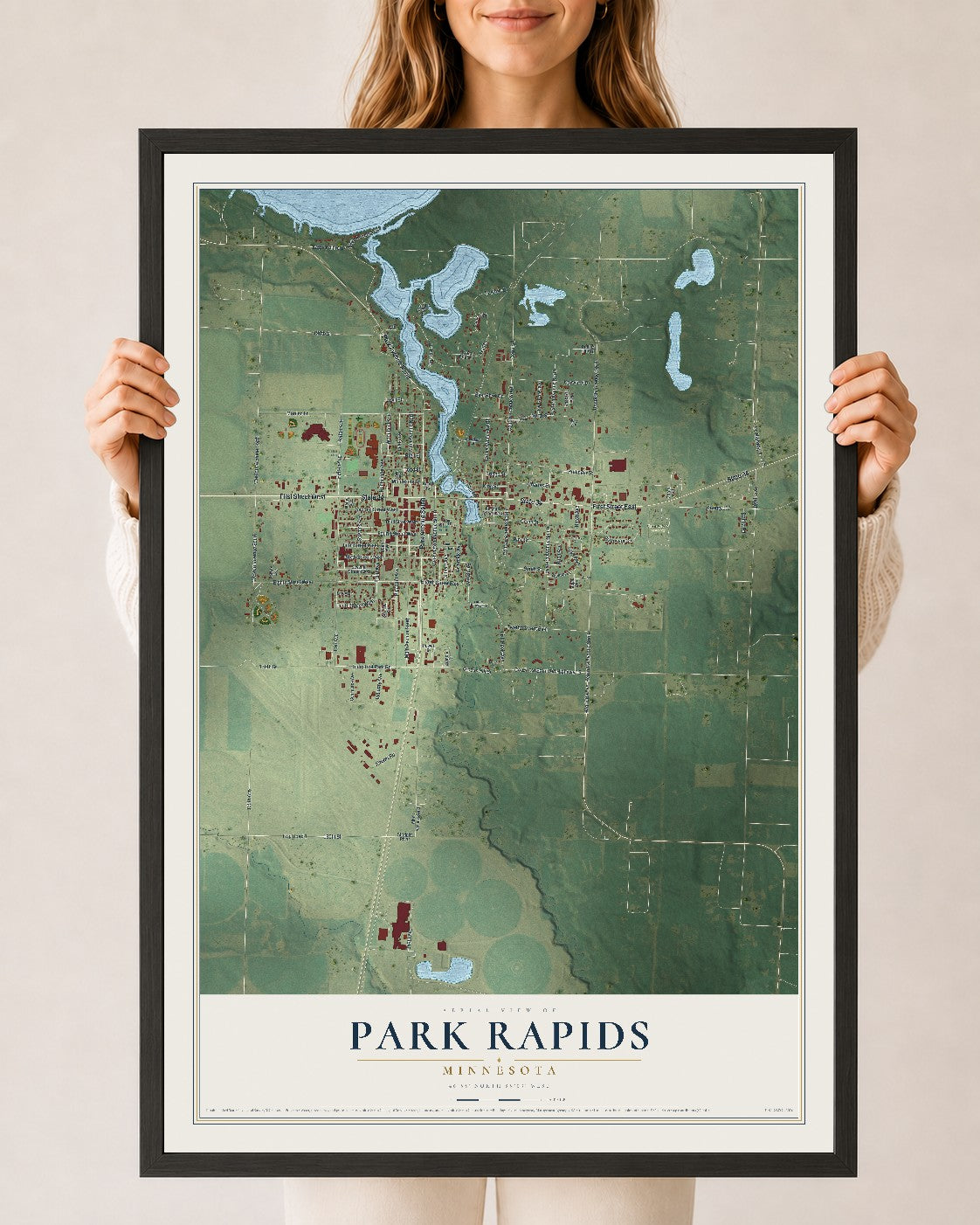 Map of Park Rapids, Minnesota, 24 x 36 inch print in a black wood frame