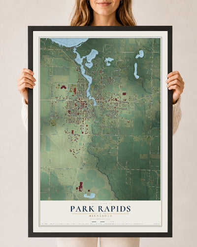 Map of Park Rapids, Minnesota, 24 x 36 inch print in a black wood frame