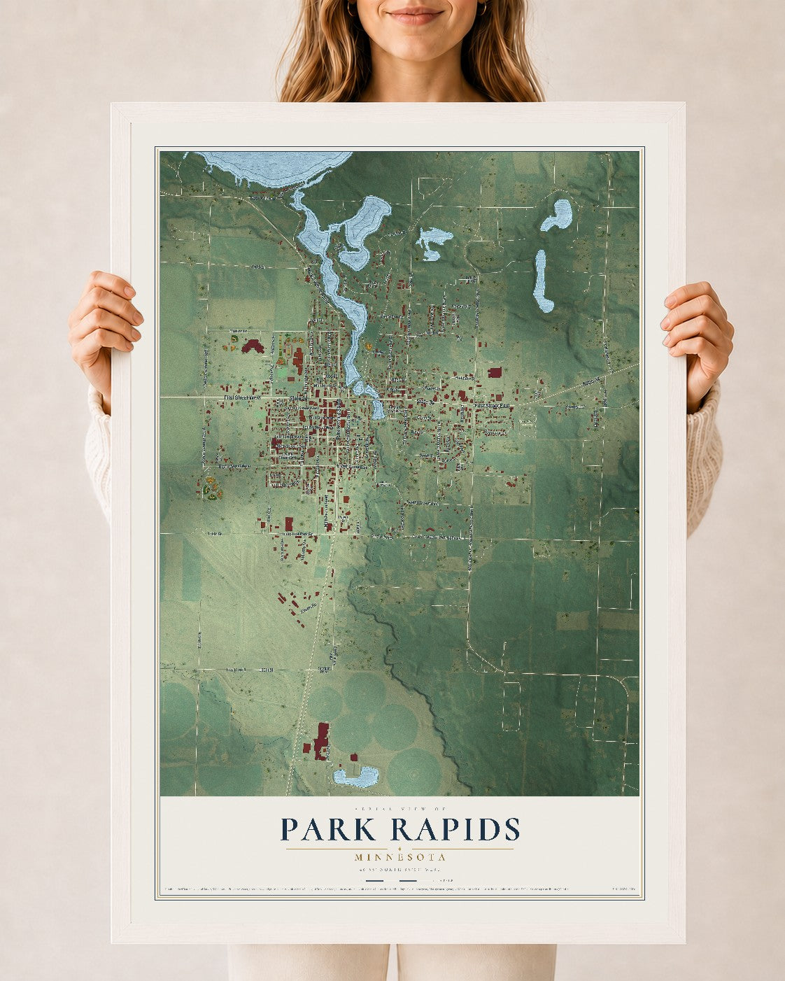 Map of Park Rapids, Minnesota, 24 x 36 inch print in a white wood frame