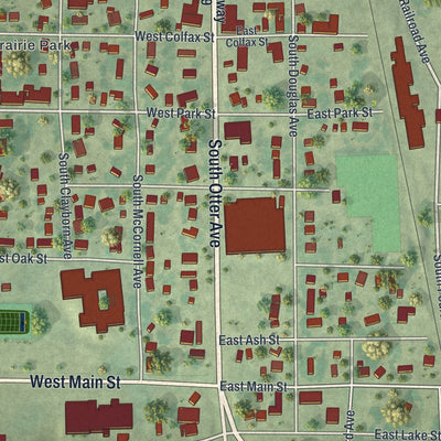 Close-up of the map of Parkers Prairie, Minnesota print showing street and building detail