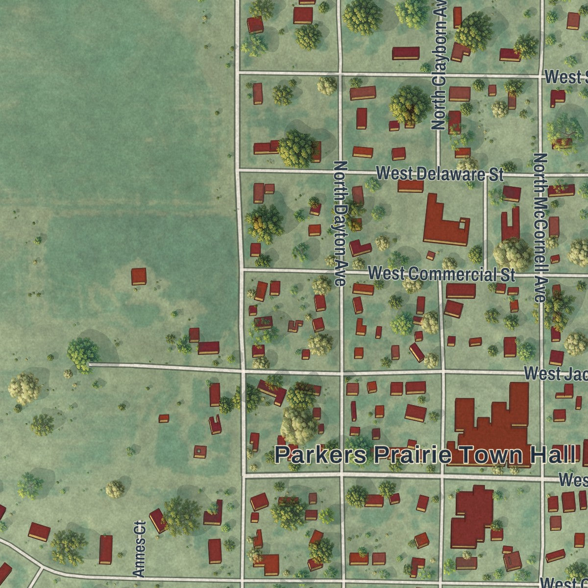 Second close-up of the map of Parkers Prairie, Minnesota print showing more streets and buildings