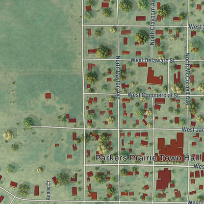 Second close-up of the map of Parkers Prairie, Minnesota print showing more streets and buildings