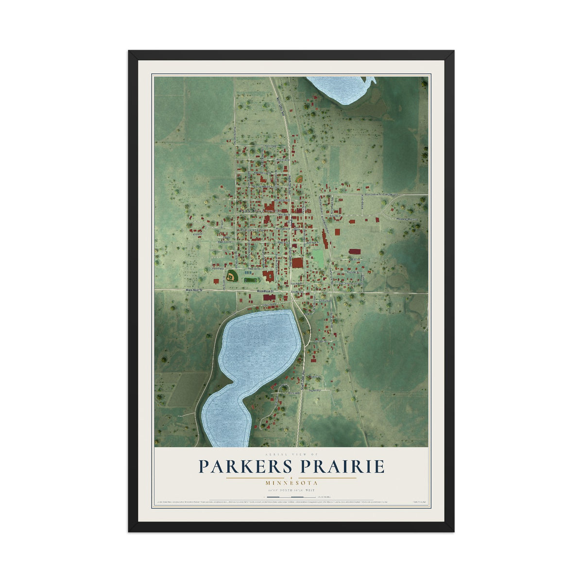 Map of Parkers Prairie, Minnesota, 12 x 18 inch print in a black wood frame