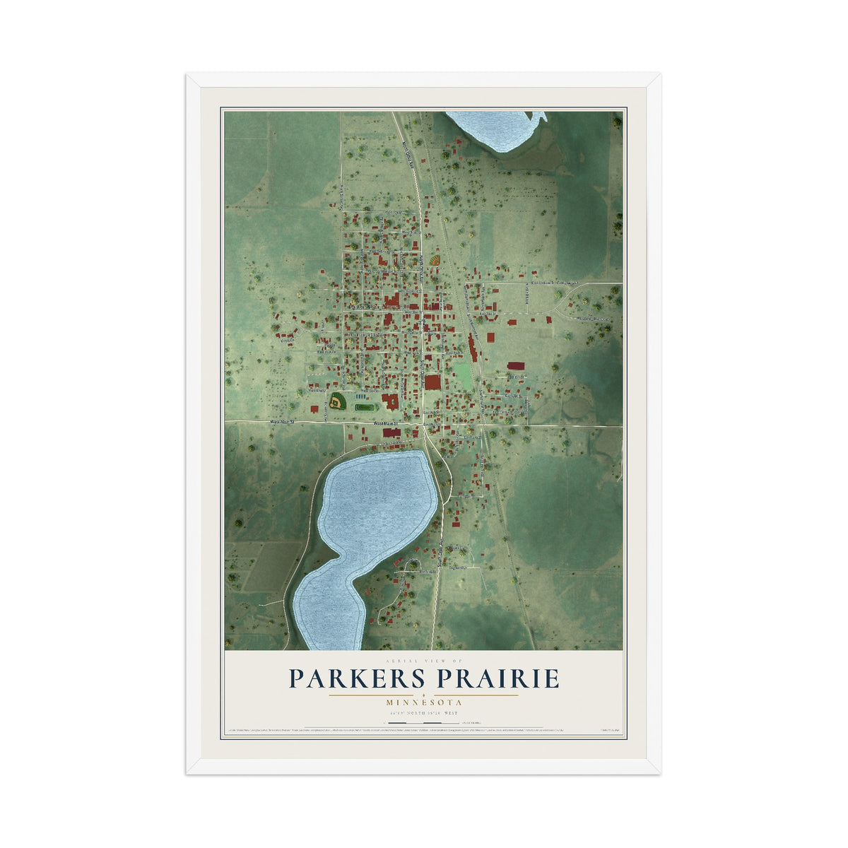 Map of Parkers Prairie, Minnesota, 12 x 18 inch print in a white wood frame