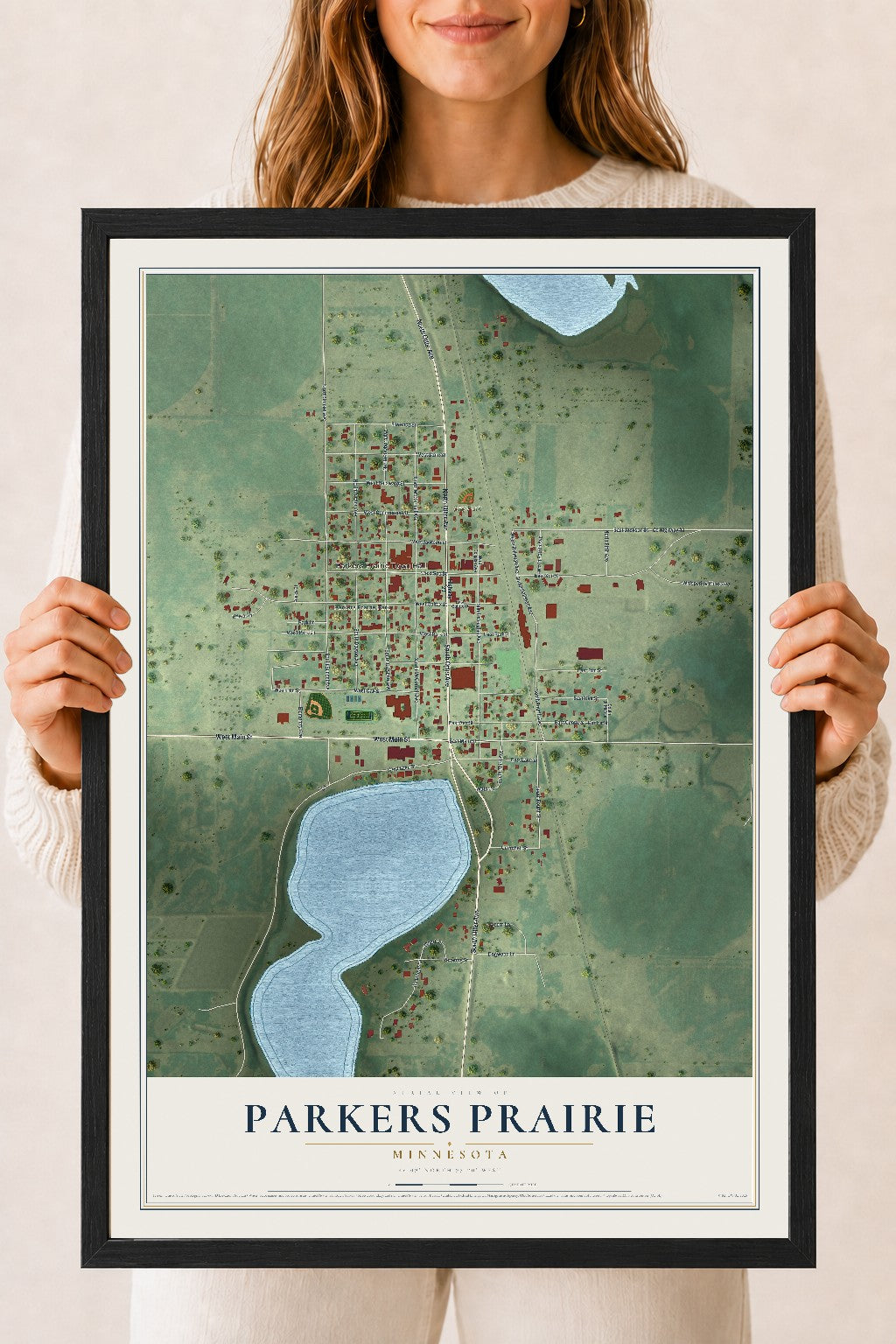 Map of Parkers Prairie, Minnesota, 18 x 24 inch print in a black wood frame